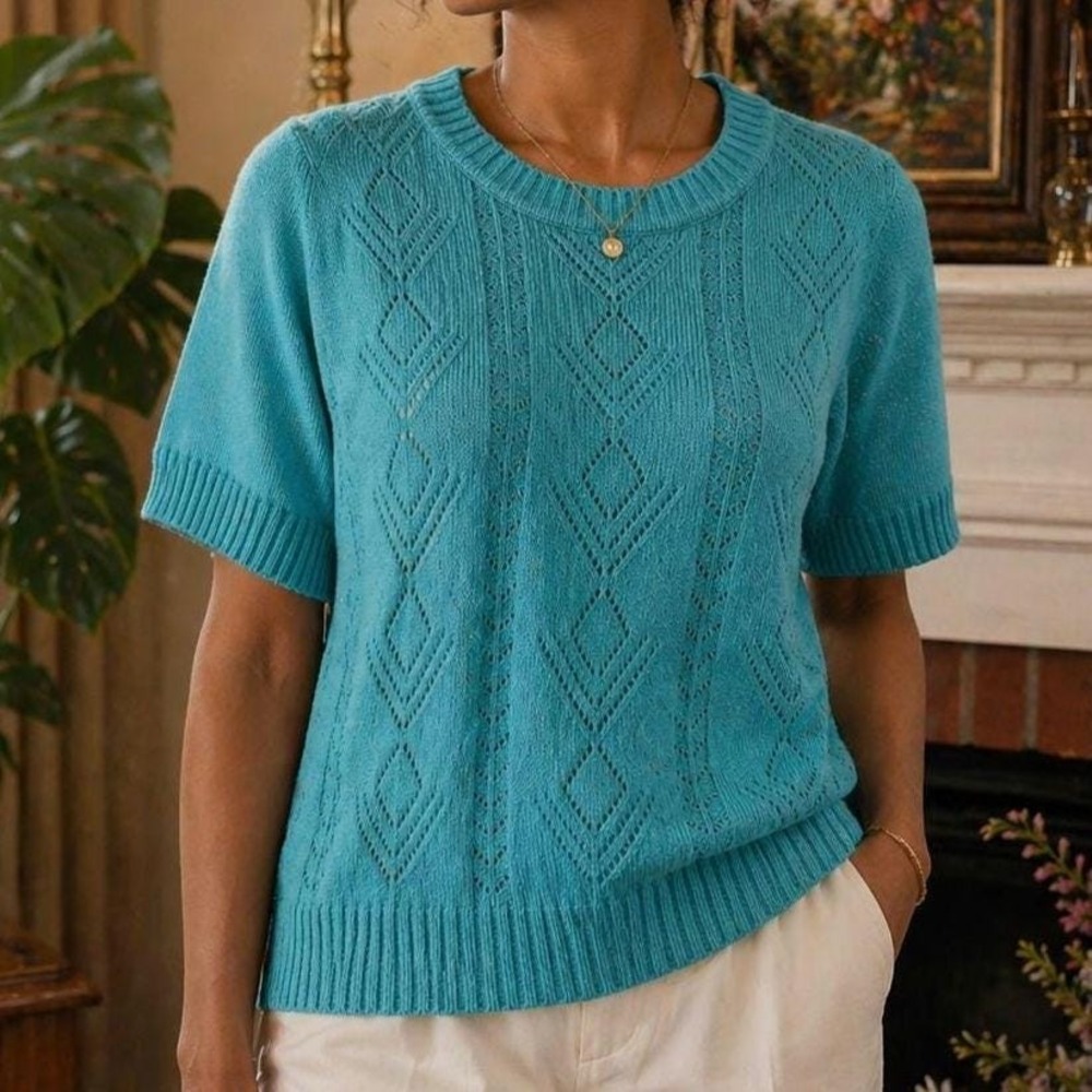 M Vintage Blue Short Sleeve Knit Sweater, Size Medium